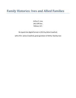 Family Histories: Ives and Allied Families Arthur S