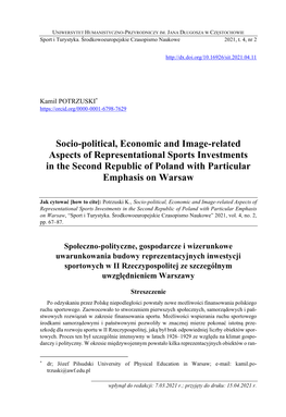 Socio-Political, Economic and Image-Related Aspects of Representational Sports Investments in the Second Republic of Poland with Particular Emphasis on Warsaw