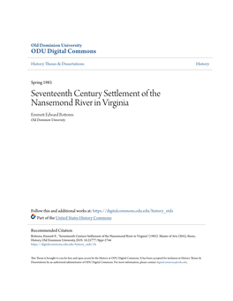 Seventeenth Century Settlement of the Nansemond River in Virginia Emmett De Ward Bottoms Old Dominion University
