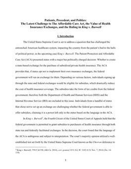 Patients, Precedent, and Politics: the Latest Challenge to the Affordable Care Act, the Value of Health Insurance Exchanges, and the Ruling in King V