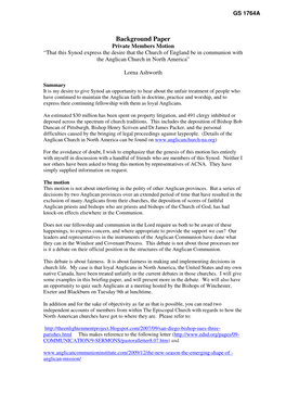 Background Paper Private Members Motion “That This Synod Express the Desire That the Church of England Be in Communion with the Anglican Church in North America”