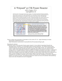 A “Polywell” P+11B Power Reactor Joel G