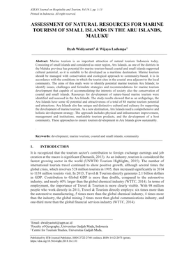 Assessment of Natural Resources for Marine Tourism of Small Islands in the Aru Islands, Maluku