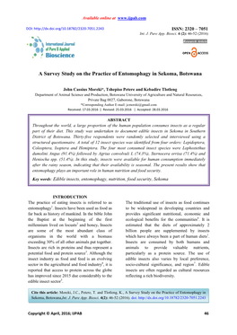 A Survey Study on the Practice of Entomophagy in Sekoma, Botswana