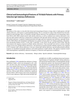 Clinical and Immunological Features of 78 Adult Patients with Primary Selective Igg Subclass Defciencies