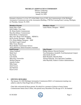 MICHIGAN AERONAUTICS COMMISSION Minutes of Meeting Lansing, Michigan January 30, 2020