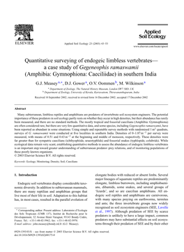 Quantitative Surveying of Endogeic Limbless Vertebrates— a Case Study of Gegeneophis Ramaswamii (Amphibia: Gymnophiona: Caeciliidae) in Southern India G.J