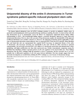 Uniparental Disomy of the Entire X Chromosome in Turner Syndrome Patient-Speciﬁc Induced Pluripotent Stem Cells