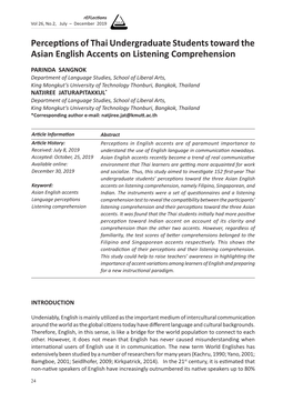 Perceptions of Thai Undergraduate Students Toward the Asian English Accents on Listening Comprehension