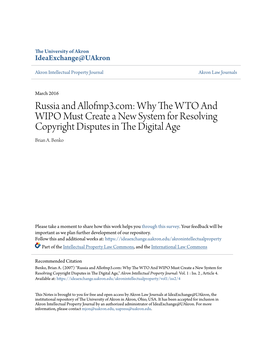 Russia and Allofmp3.Com: Why the WTO and WIPO Must Create a New System for Resolving Copyright Disputes in the Digital Age Brian A