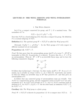 Lecture 27: the Weyl Groups and Weyl Integration Formula