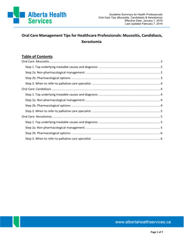 Symptom Management Summary Oral Care