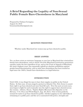 A Brief Regarding the Legality of Non-Sexual Public Female Bare-Chestedness in Maryland