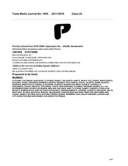 Trade Marks Journal No: 1929 , 25/11/2019 Class 25