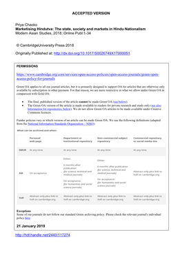 The State, Society and Markets in Hindu Nationalism Modern Asian Studies, 2018; Online Publ:1-34