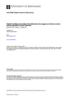 CEDAW, the Bible and the State of the Netherlands: the Struggle Over Orthodox Women’S Political Participation and Their Responses Oomen, B.M.; Guijt, J.; Ploeg, M