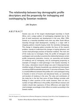 The Relationship Between Key Demographic Profile Descriptors and the Propensity for Inshopping and Outshopping by Sowetan Residents