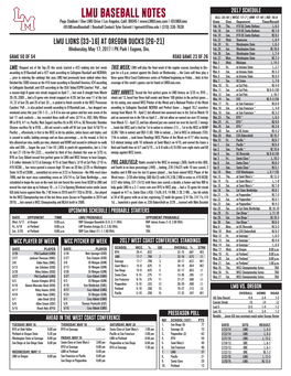 LMU BASEBALL NOTES ALL: 33-16 | WCC: 17-7 | HM: 17-10 | RD: 16-6 Page Stadium | One LMU Drive | Los Angeles, Calif