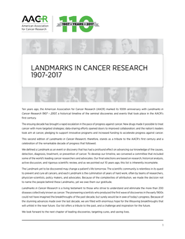 Landmarks in Cancer Research 1907-2017