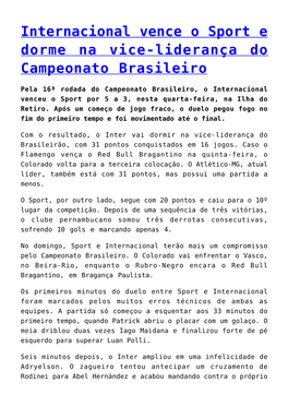 Internacional Vence O Sport E Dorme Na Vice-Liderança Do Campeonato Brasileiro