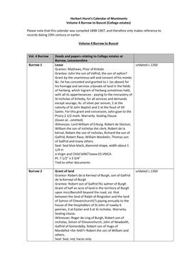 Herbert Hurst's Calendar of Muniments Volume 4 Burrow To