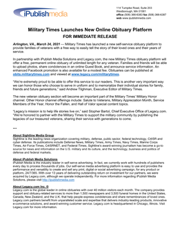 Military Times Launches New Online Obituary Platform for IMMEDIATE RELEASE