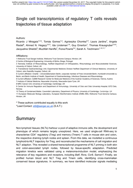 Single Cell Transcriptomics of Regulatory T Cells Reveals Trajectories of Tissue Adaptation ​ ​ ​ ​ ​ ​