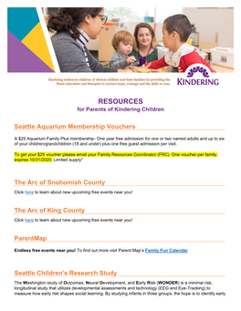 RESOURCES for Parents of Kindering Children