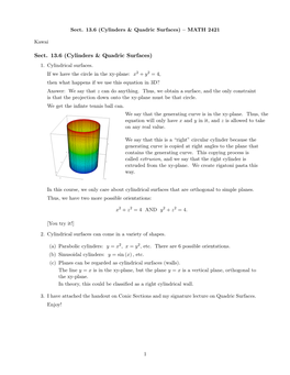 Sect. 13.6 (Cylinders & Quadric Surfaces)