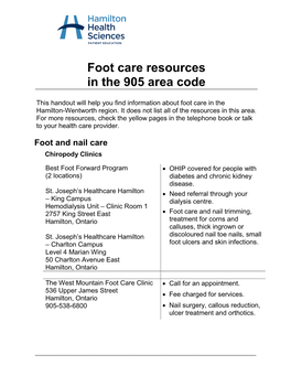 Diabetes; Foot Care Resources in the 905 Area Code