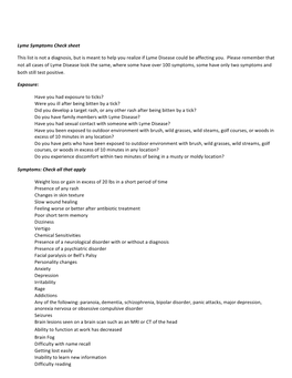 Lyme Symptoms Check Sheet This List Is Not a Diagnosis, but Is Meant To