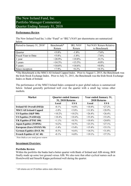 The New Ireland Fund, Inc. Portfolio Manager Commentary Quarter Ending January 31, 2018