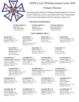 IATSE Local 720 Endorsements in the 2020 Primary Election