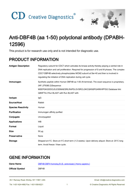 Anti-DBF4B (Aa 1-50) Polyclonal Antibody (DPABH- 12596) This Product Is for Research Use Only and Is Not Intended for Diagnostic Use