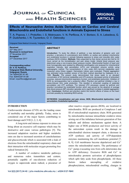 Effects of Neuroactive Amino Acids Derivatives on Cardiac and Cerebral Mitochondria and Endothelial Functions in Animals Exposed to Stress T