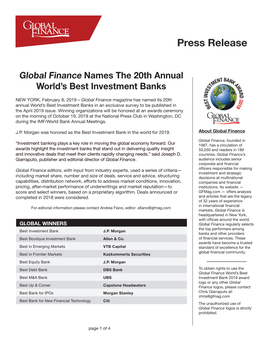 Global Finance Names the World's Best Investment Banks 2019