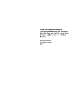 A Description and Phylogenetic Relationship of a Polycotylid Plesiosaur (Reptilia: Sauropterygia) from the Upper Cretaceous (Turonian) of Goulmima, Morocco