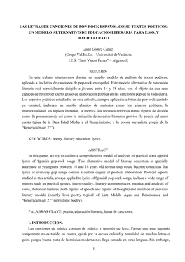 1 Las Letras De Canciones De Pop-Rock Español Como Textos Poéticos