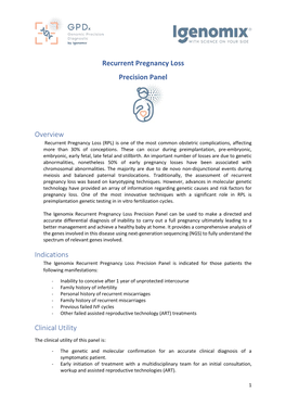 Recurrent Pregnancy Loss Precision Panel Overview Indications Clinical