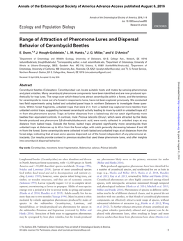 Range of Attraction of Pheromone Lures and Dispersal Behavior of Cerambycid Beetles