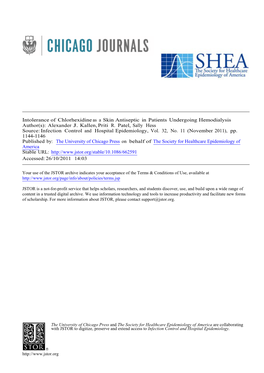 Intolerance of Chlorhexidine As a Skin Antiseptic in Patients Undergoing Hemodialysis Author(S): Alexander J