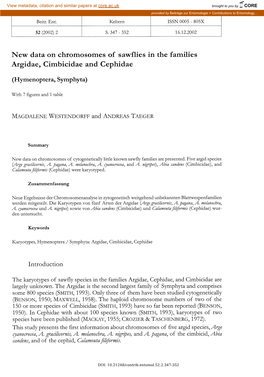 New Data on Chromosomes of Sawflies in the Families Argidae, Cimbicidae and Cephidae