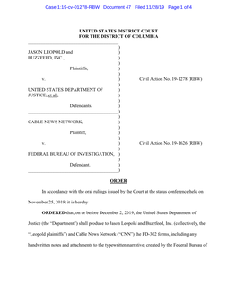 JASON LEOPOLD and ) BUZZFEED, INC., ) ) Plaintiffs, ) ) V