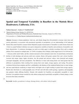 Spatial and Temporal Variability in Baseflow in the Mattole River Headwaters, California, USA