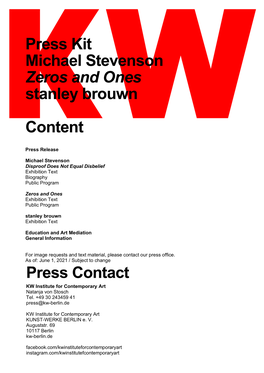 Press Kit Michael Stevenson Zeros and Ones Stanley Brouwn Content