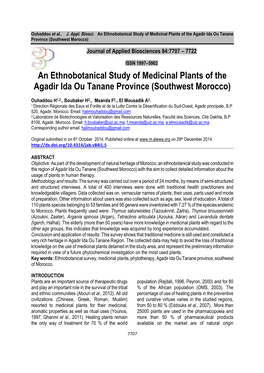 An Ethnobotanical Study of Medicinal Plants of the Agadir Ida Ou Tanane Province (Southwest Morocco)