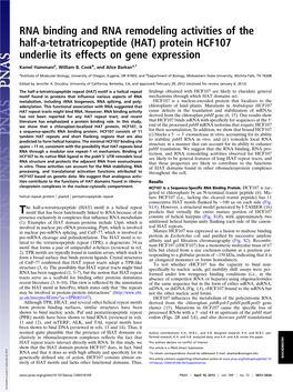 RNA Binding and RNA Remodeling Activities of the Half-A-Tetratricopeptide (HAT) Protein HCF107 Underlie Its Effects on Gene Expression