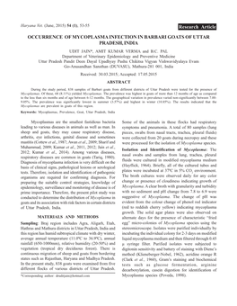 OCCURRENCE of MYCOPLASMA INFECTION in BARBARI GOATS of UTTAR PRADESH, INDIA UDIT JAIN*, AMIT KUMAR VERMA and B.C