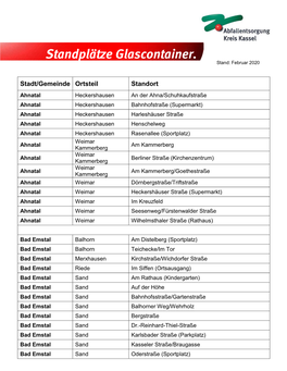 Standplätze Glascontainer. Stand: Februar 2020