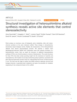 Structural Investigation of Heteroyohimbine Alkaloid Synthesis Reveals Active Site Elements That Control Stereoselectivity